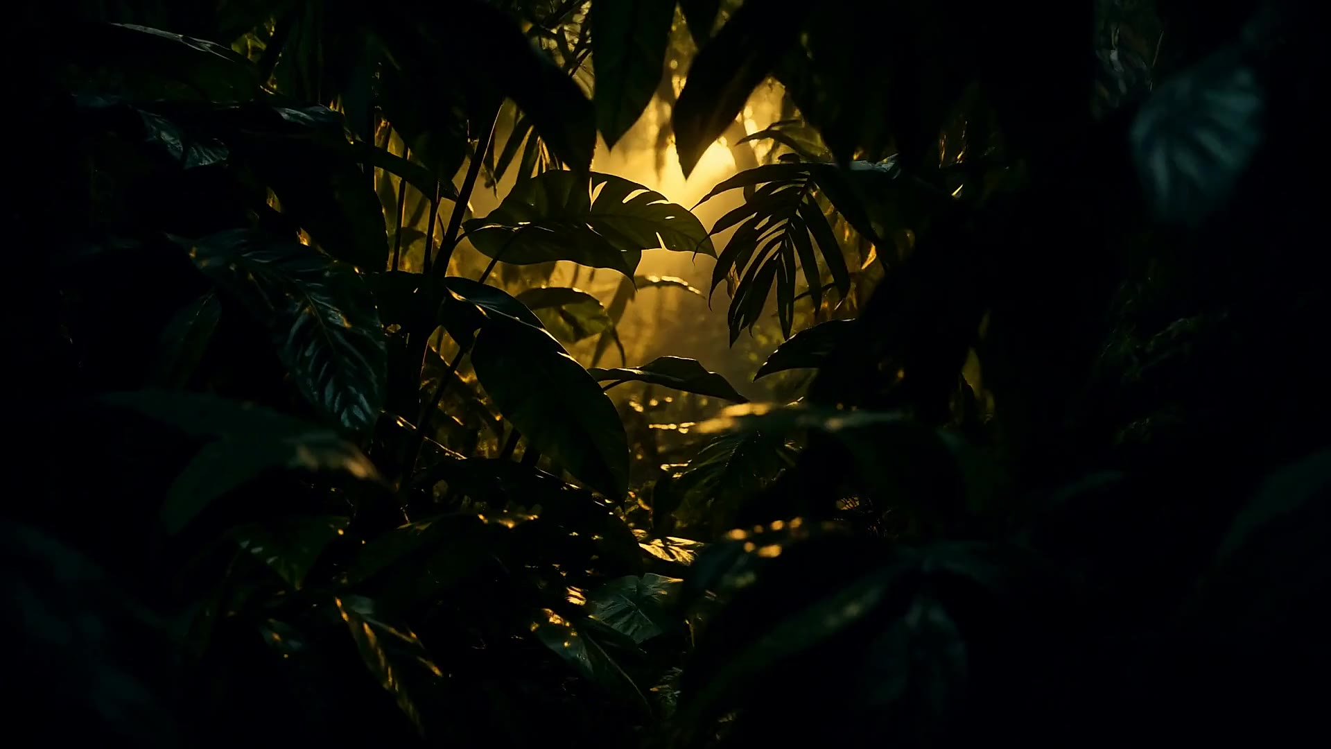 Dark rainforest leaves backlit by warm yellow light