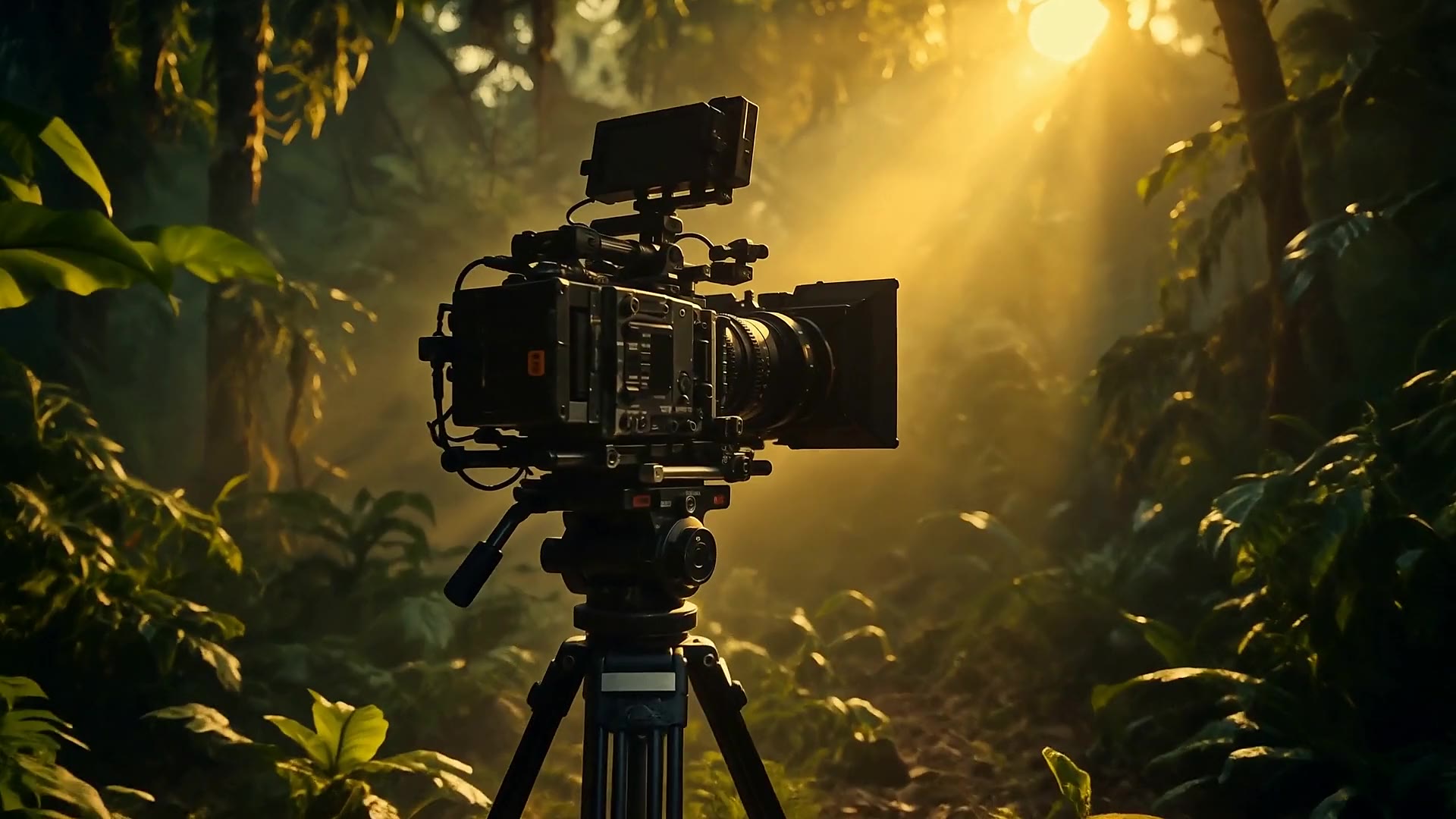 A film camera on a tripod in a forest clearing, lit by a yellow key light