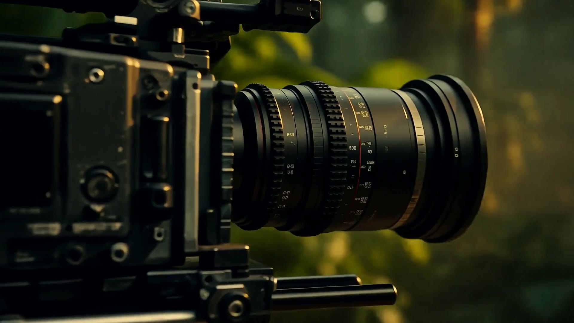 The forest canopy reflected in a camera lens